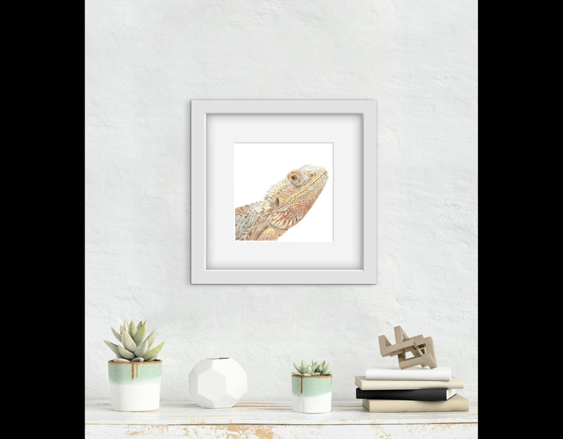 Framed artwork of a bearded dragon lizard on a white wall with decorative items below.