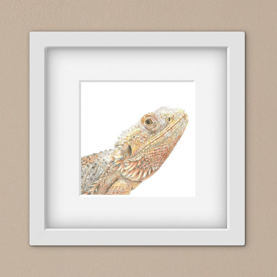 Framed artwork of a bearded dragon on a beige wall