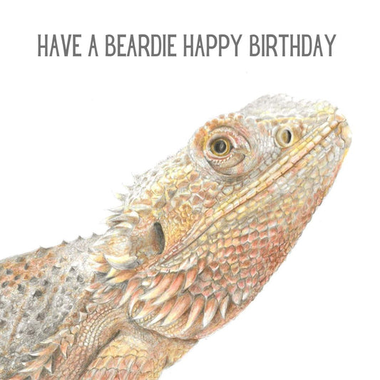 Bearded dragon drawing with 'Have a Beardie Happy Birthday' text on a white background