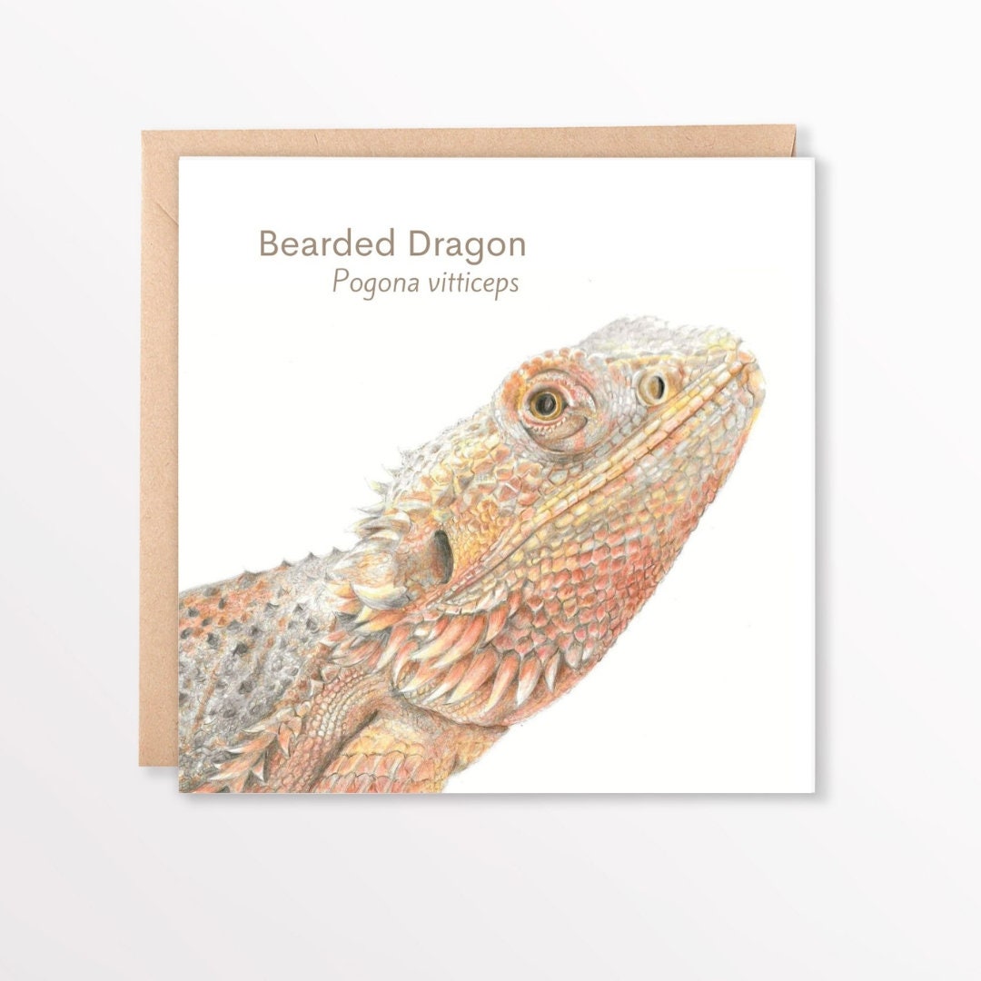 Card with a bearded dragon illustration and text on a white background with brown card.