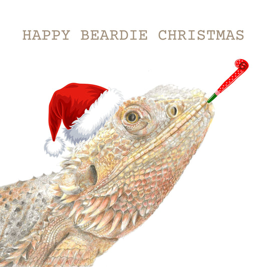 Bearded dragon drawing with red christmas hat and party trumprt. Test Happy Beardie Christmas
