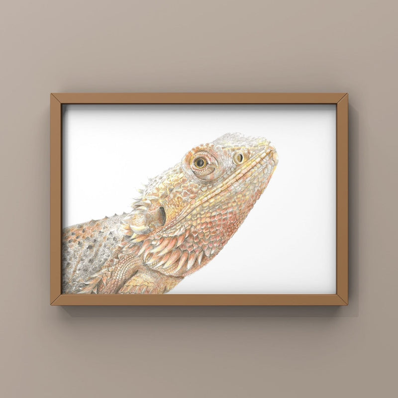 Framed artwork of a bearded dragon on a beige wall