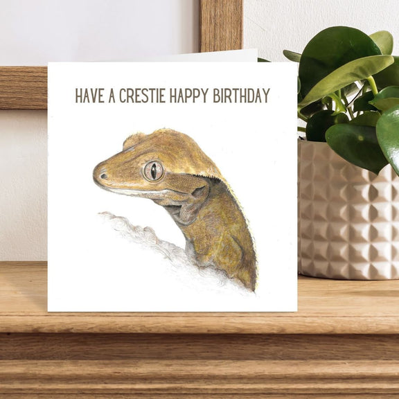 Greeting card with a colour pencil crested gecko illustration and text on a wooden surface.