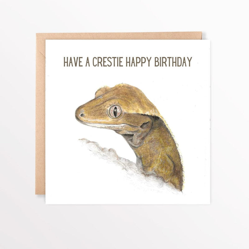 Greeting card with a crested gecko illustration and text 'Have a Crestie Happy Birthday' on a white background with brown envelope