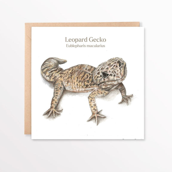 Card with a leopard gecko illustration and text on a white background
