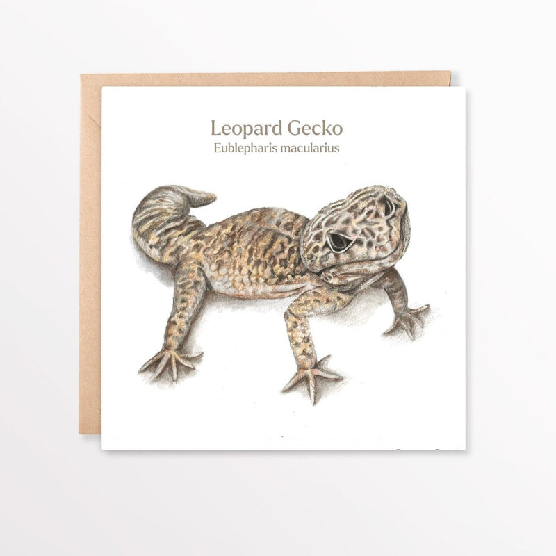 Card with a leopard gecko illustration and text on a white background