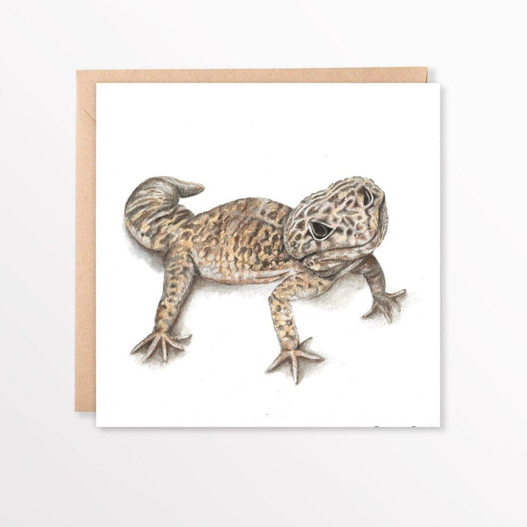 Greeting card with a leaopard gecko illustration on a white background