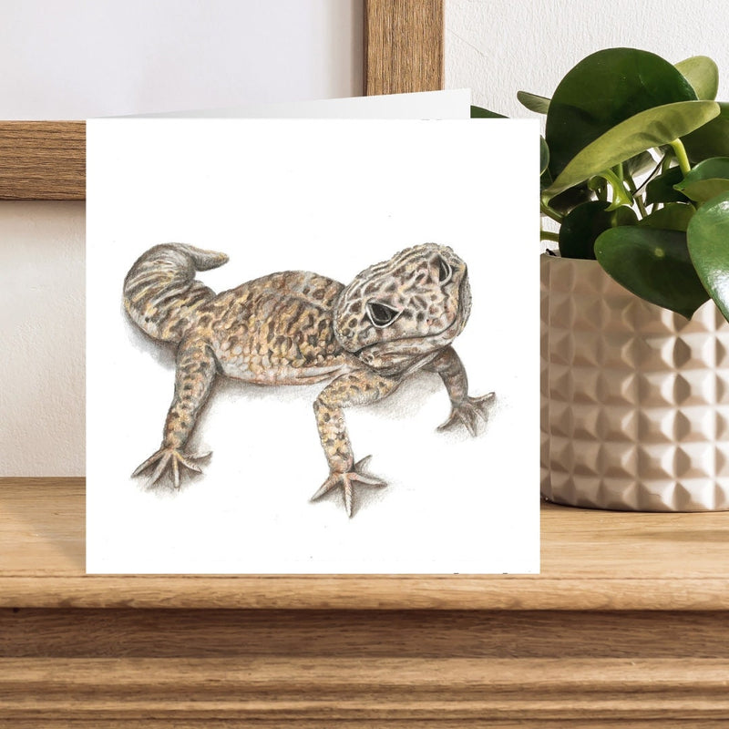 Illustration of a leopard gecko on a white card with a plant in the background