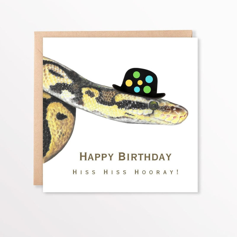 Birthday card with a snake wearing a bowler hat and 'Happy Birthday' text.