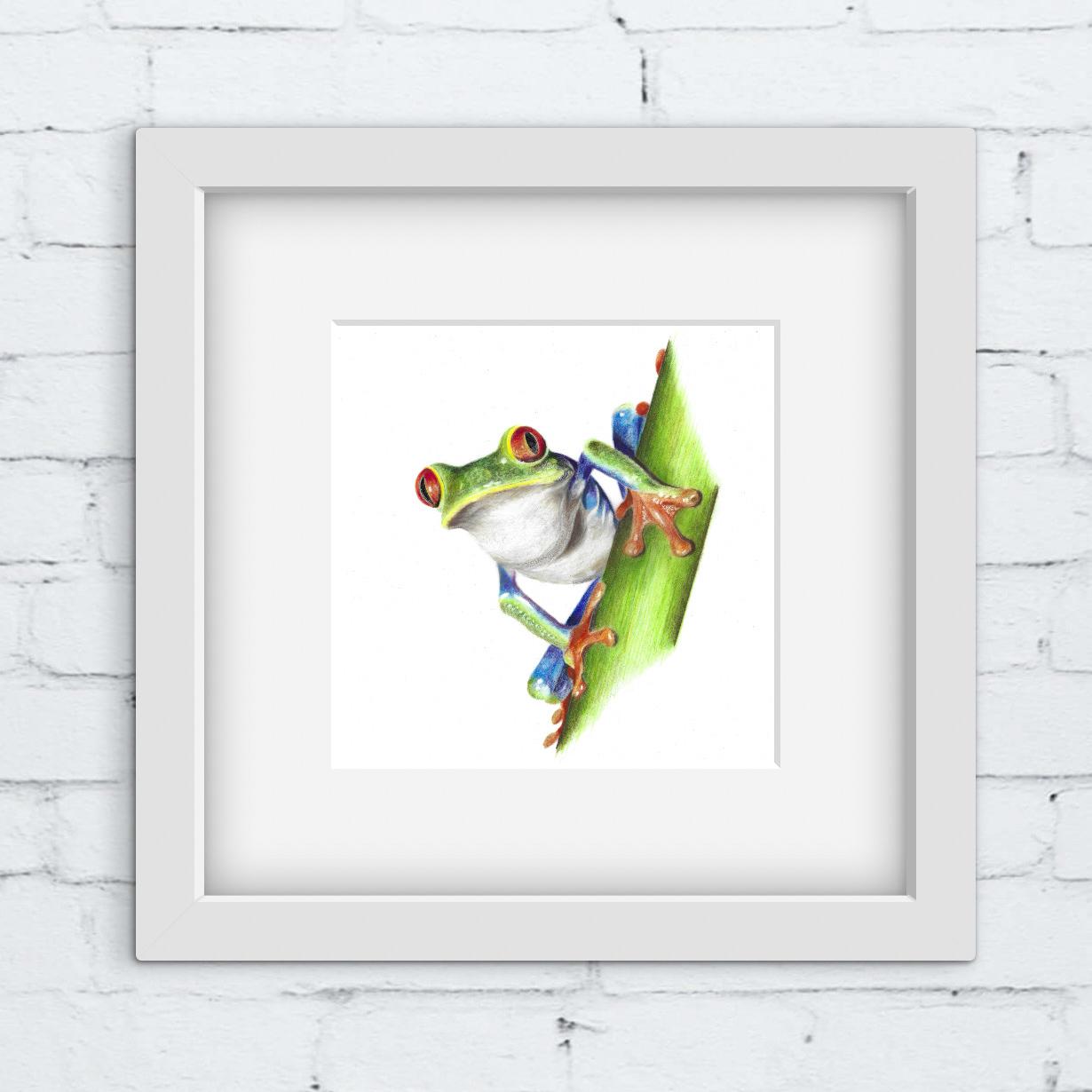 Framed artwork of a colorful frog on a leaf against a white brick wall.