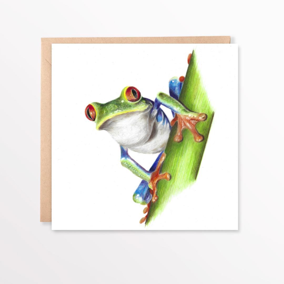 Colorful tree frog illustration on a white background with a brown envelope.