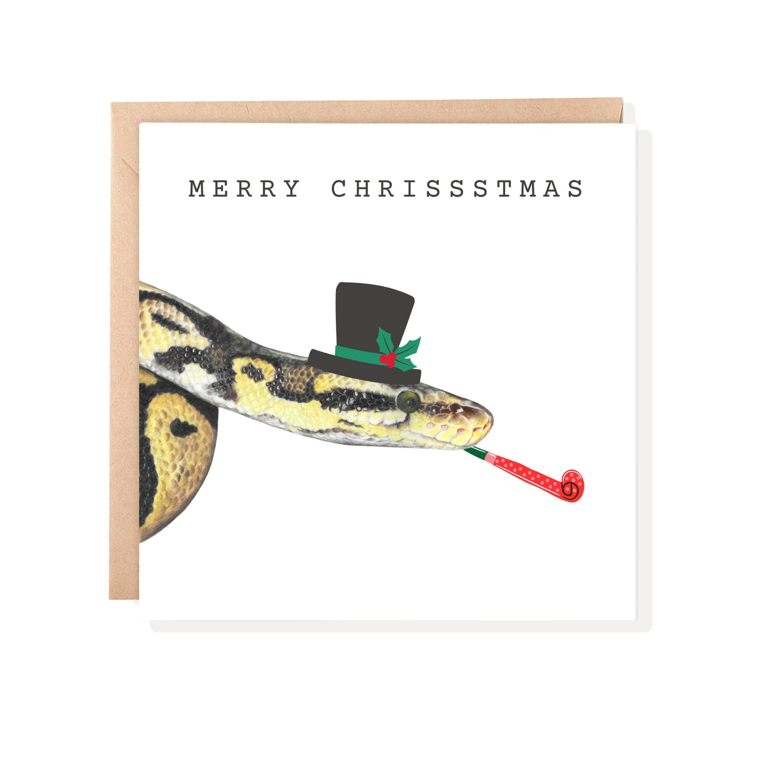 Python snake christmas card. Snake is wearing a top hat and has a party trumpet