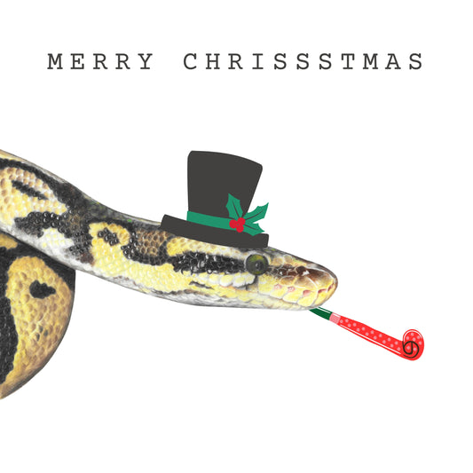 Python snake christmas art. Snake is wearing a top hat and has a party trumpet with the text 'Merry Chrissstmas'