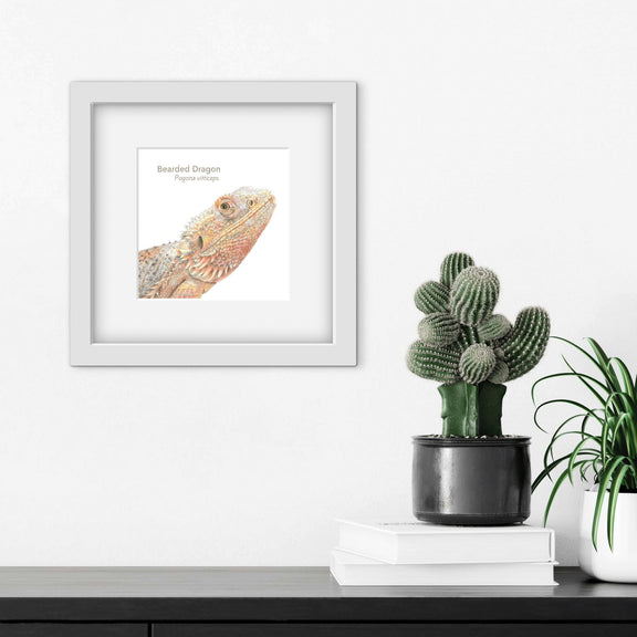 Framed colour pencil artwork of a bearded dragon on a shelf with a cactus and books.
