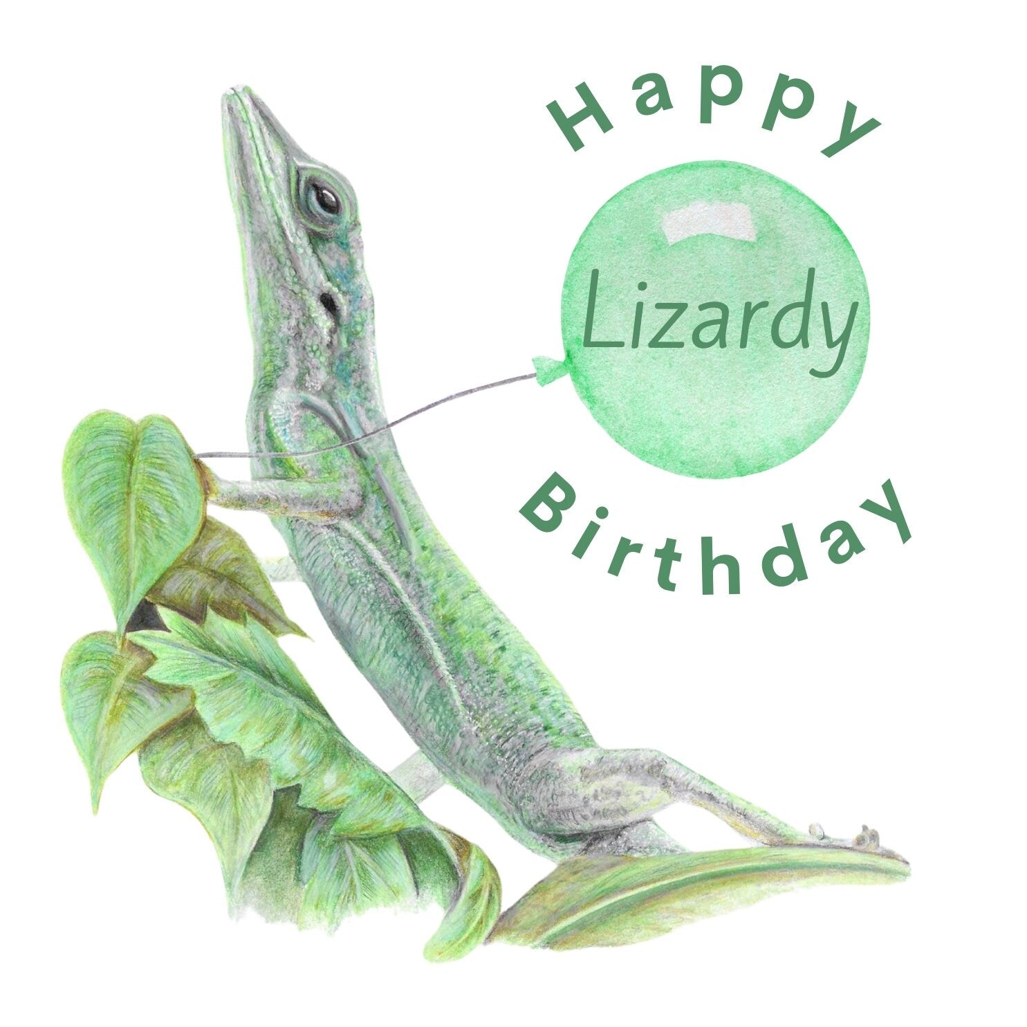 Green lizard drawing with a 'Happy Lizardy Birthday' balloon on a white background