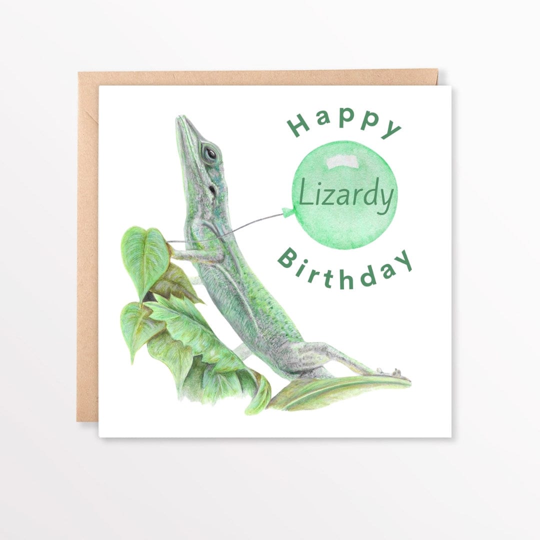 Birthday card with a green lizard illustration and 'Happy Lizardy Birthday' text on a white background.
