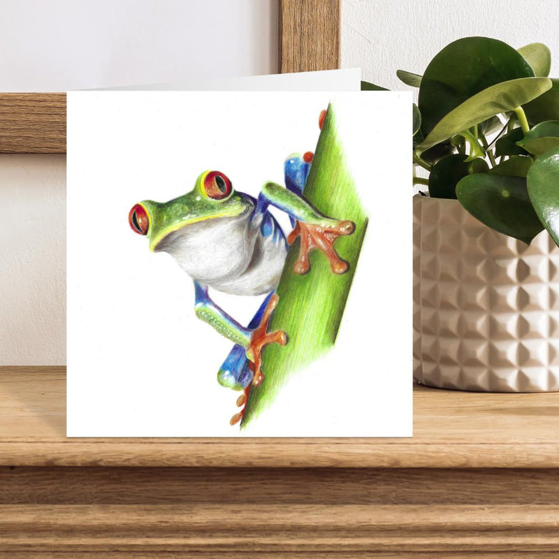 Colourful frog illustration on a white card with a plant in the background